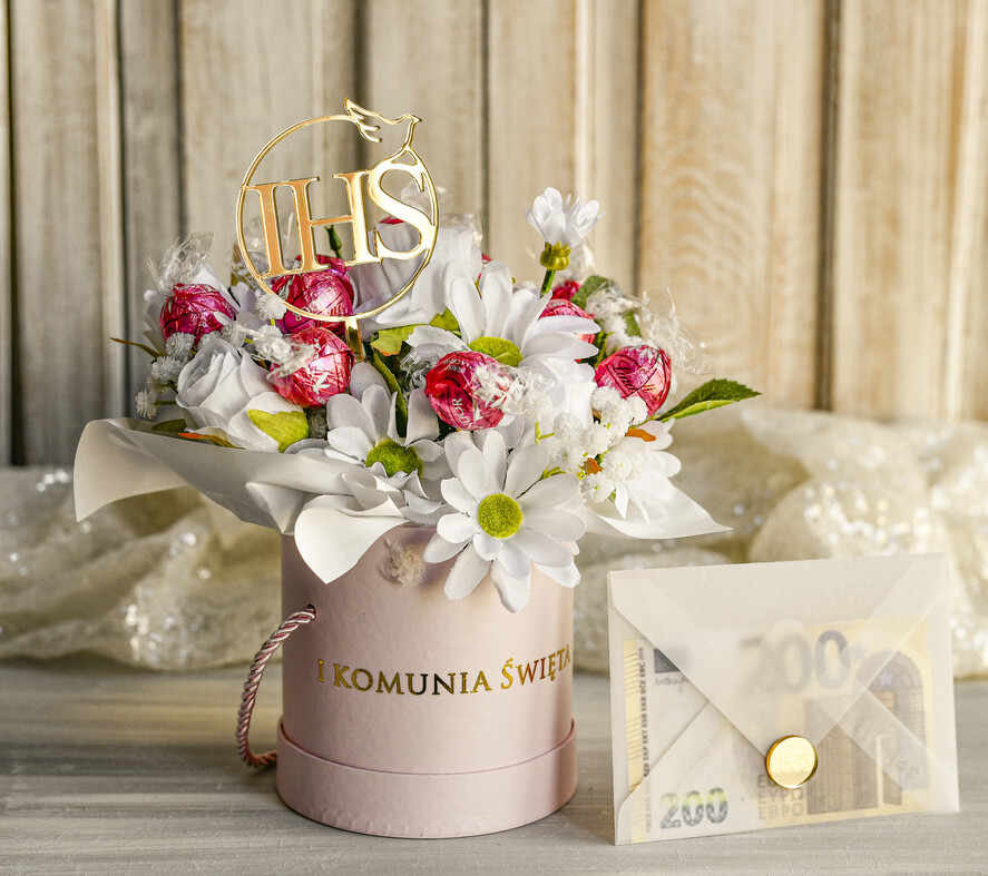 Pamiątki Prezenty na komunię  boxy prezentowe Zestaw Prezentowy od Chrzestnych na Pierwszą komunię Pralinki, Flowerbox Komunijny opakowanie na pieniądze2