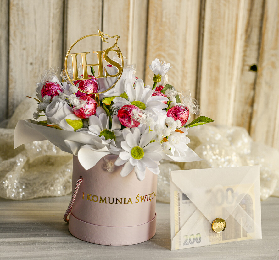 Pamiątki Prezenty na komunię  boxy prezentowe Zestaw Prezentowy od Chrzestnych na Pierwszą komunię Pralinki, Flowerbox Komunijny opakowanie na pieniądze5