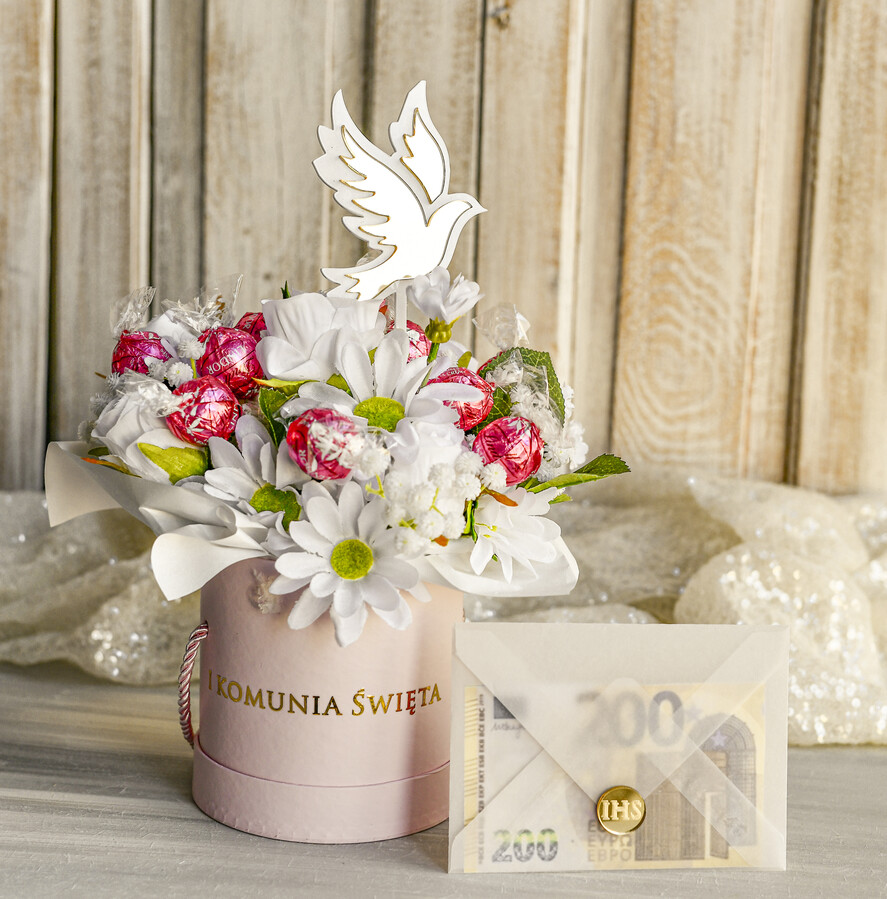 Pamiątki Prezenty na komunię  boxy prezentowe Zestaw Prezentowy od Chrzestnych na Pierwszą komunię Pralinki, Flowerbox Komunijny opakowanie na pieniądze8