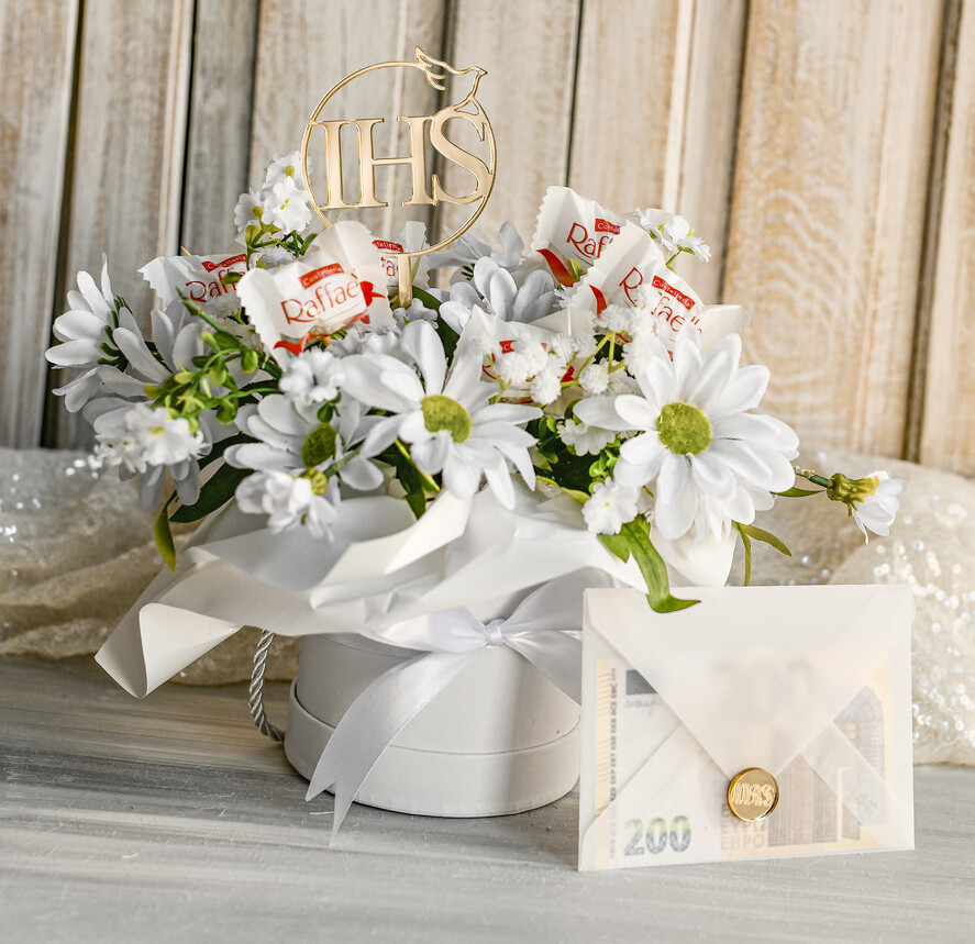 Pamiątki Prezenty na komunię  boxy prezentowe Zestaw Prezentowy od Chrzestnych na Pierwszą komunię, Flowerbox Komunijny opakowanie na pieniądze2