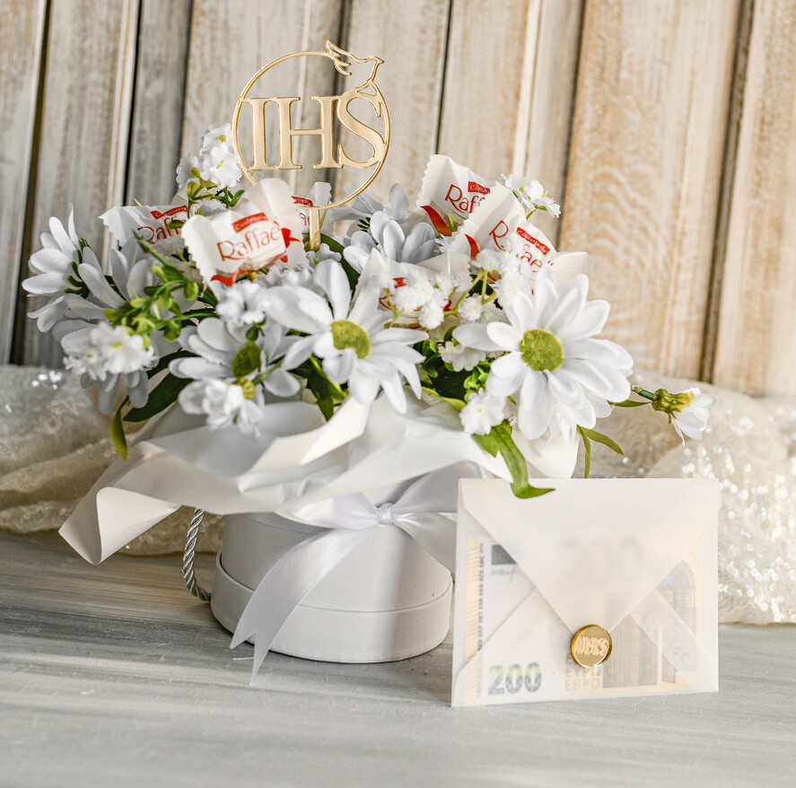 Pamiątki Prezenty na komunię  boxy prezentowe Zestaw Prezentowy od Chrzestnych na Pierwszą komunię, Flowerbox Komunijny opakowanie na pieniądze3