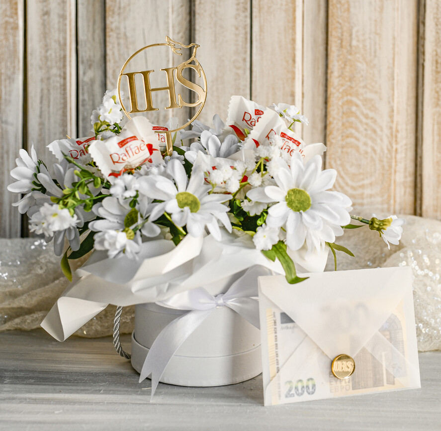 Pamiątki Prezenty na komunię  boxy prezentowe Zestaw Prezentowy od Chrzestnych na Pierwszą komunię, Flowerbox Komunijny opakowanie na pieniądze4