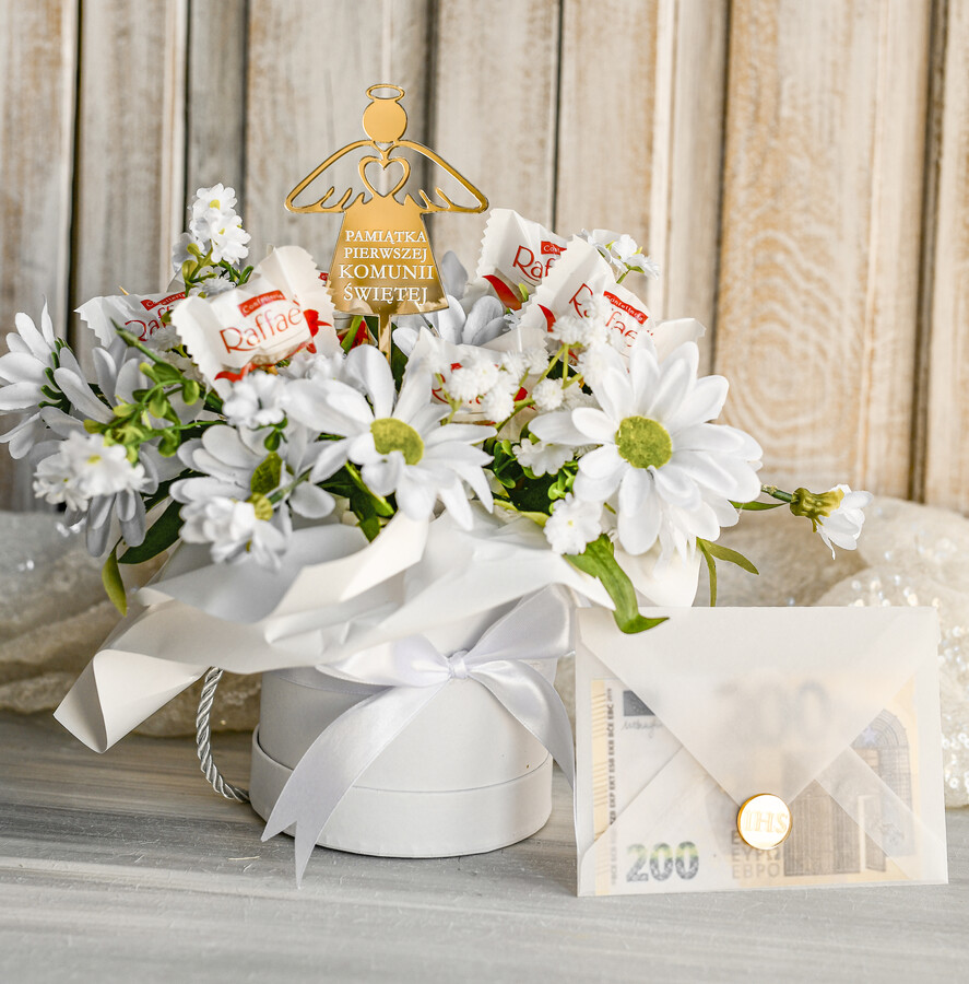 Pamiątki Prezenty na komunię  boxy prezentowe Zestaw Prezentowy od Chrzestnych na Pierwszą komunię, Flowerbox Komunijny opakowanie na pieniądze6