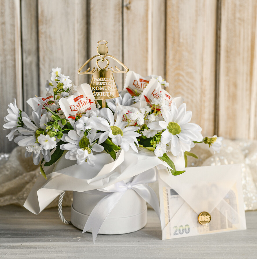 Pamiątki Prezenty na komunię  boxy prezentowe Zestaw Prezentowy od Chrzestnych na Pierwszą komunię, Flowerbox Komunijny opakowanie na pieniądze7