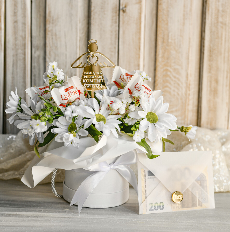 Pamiątki Prezenty na komunię  boxy prezentowe Zestaw Prezentowy od Chrzestnych na Pierwszą komunię, Flowerbox Komunijny opakowanie na pieniądze8