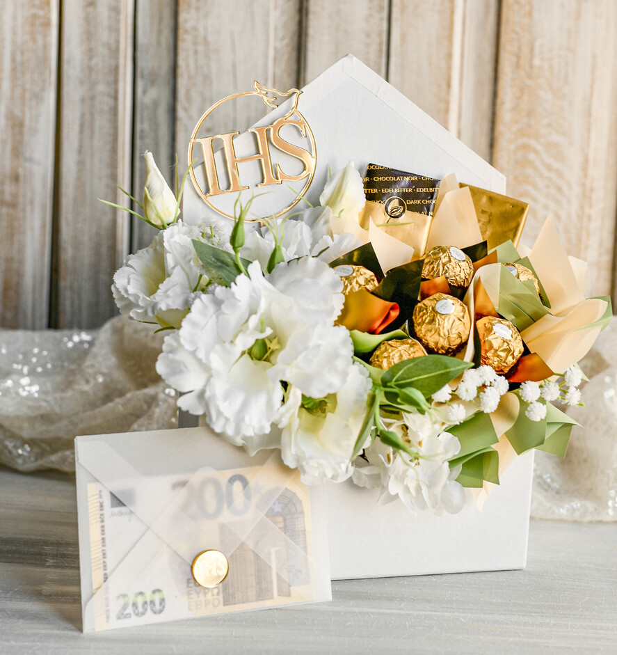 Pamiątki Prezenty na komunię  boxy prezentowe Zestaw Prezentowy od Chrzestnych na Pierwszą komunię Prali, Flowerbox Komunijny opakowanie na pieniądze4