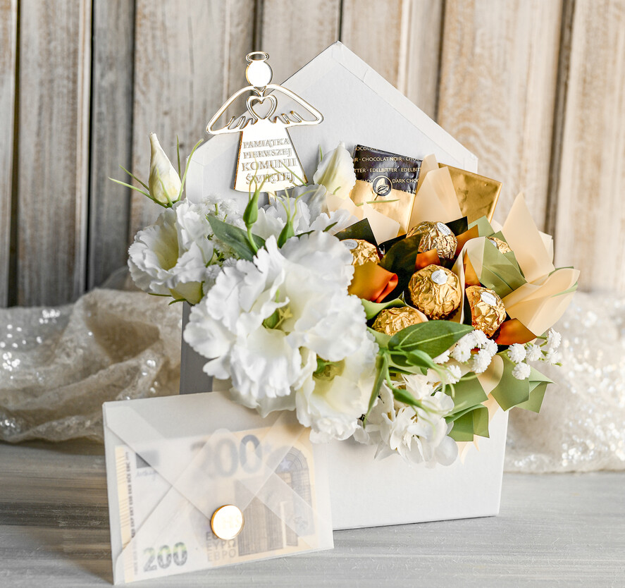 Pamiątki Prezenty na komunię  boxy prezentowe Zestaw Prezentowy od Chrzestnych na Pierwszą komunię Prali, Flowerbox Komunijny opakowanie na pieniądze6