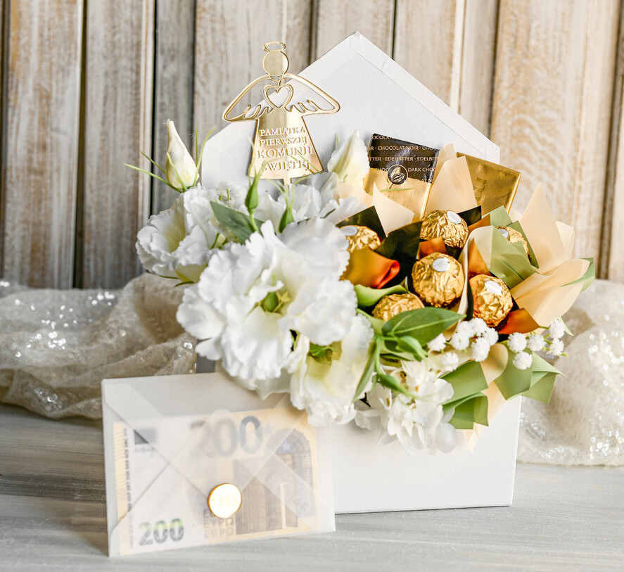 Pamiątki Prezenty na komunię  boxy prezentowe Zestaw Prezentowy od Chrzestnych na Pierwszą komunię Prali, Flowerbox Komunijny opakowanie na pieniądze7