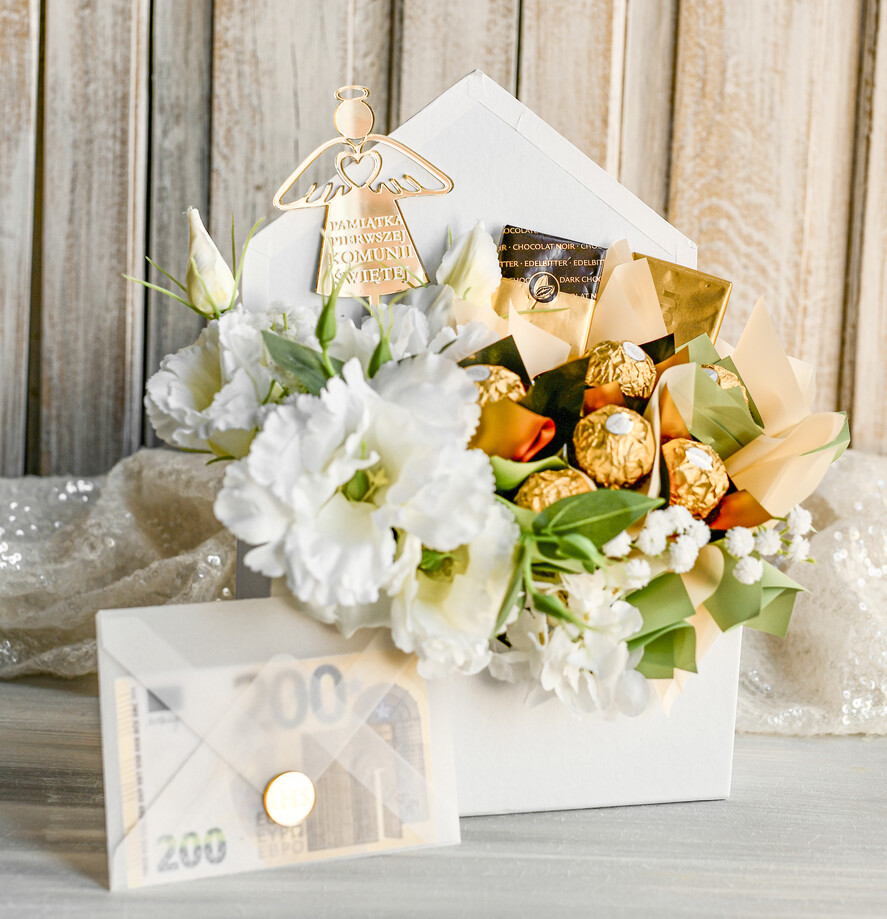Pamiątki Prezenty na komunię  boxy prezentowe Zestaw Prezentowy od Chrzestnych na Pierwszą komunię Prali, Flowerbox Komunijny opakowanie na pieniądze0