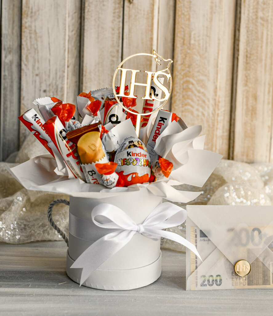 Pamiątki Prezenty na komunię  boxy prezentowe Zestaw Prezentowy od Chrzestnych na Pierwszą komunię Kinderki, Flowerbox Komunijny opakowanie na pieniądze13