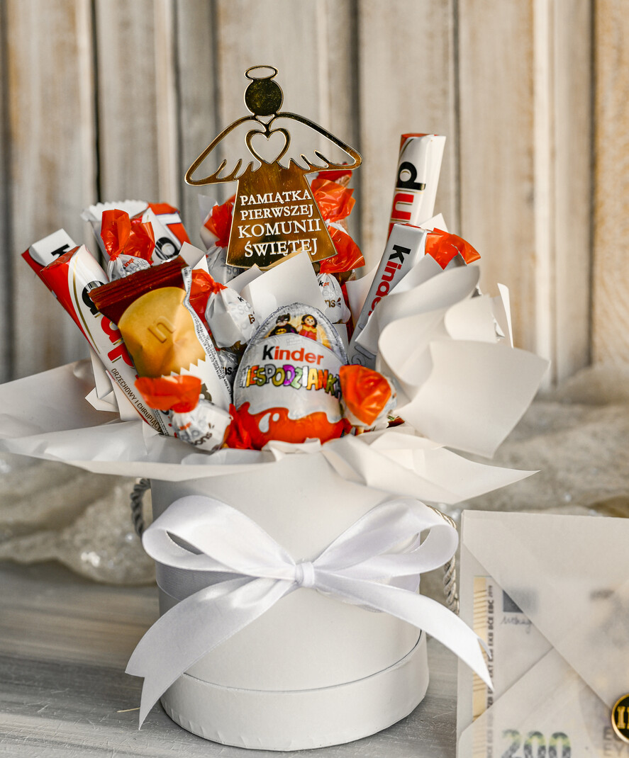 Pamiątki Prezenty na komunię  boxy prezentowe Zestaw Prezentowy od Chrzestnych na Pierwszą komunię Kinderki, Flowerbox Komunijny opakowanie na pieniądze6