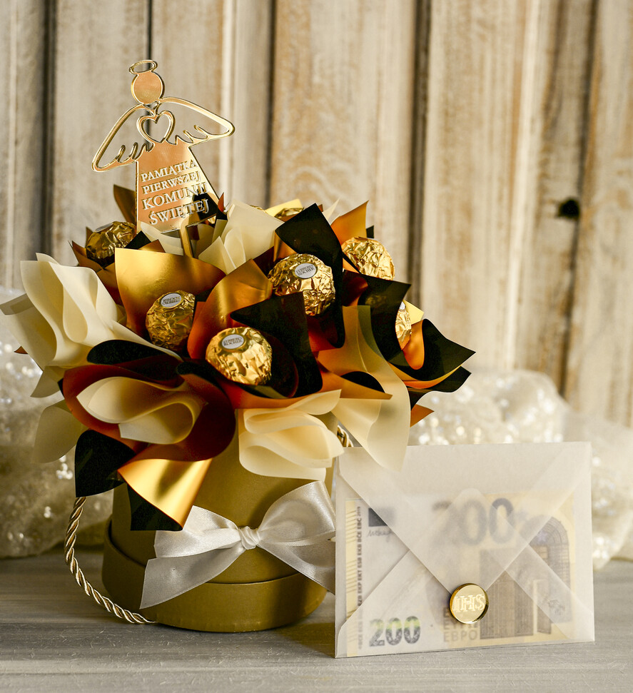 Pamiątki Prezenty na komunię  boxy prezentowe Zestaw Prezentowy od Chrzestnych na Pierwszą komunię, Flowerbox Komunijny opakowanie na pieniądze12