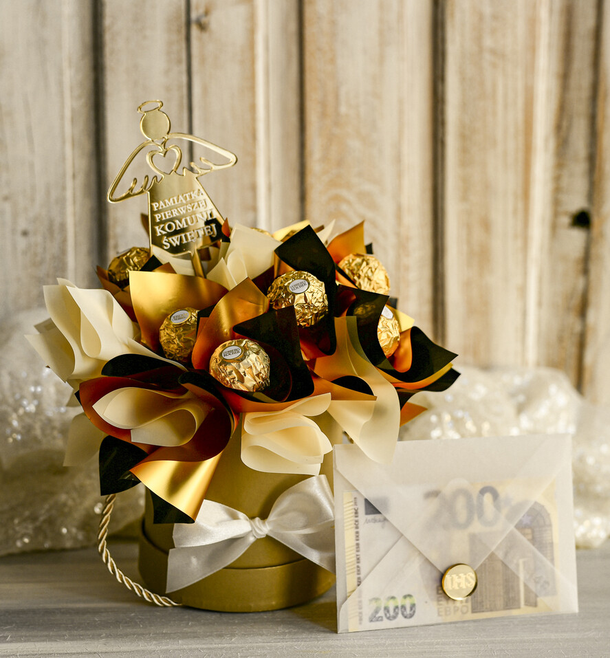 Pamiątki Prezenty na komunię  boxy prezentowe Zestaw Prezentowy od Chrzestnych na Pierwszą komunię, Flowerbox Komunijny opakowanie na pieniądze13