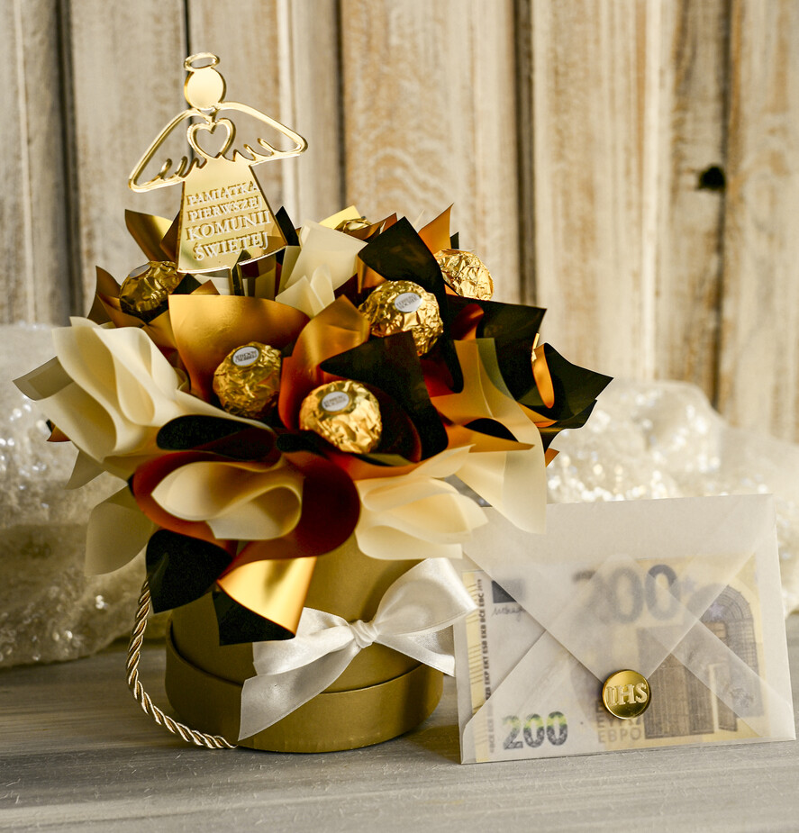 Pamiątki Prezenty na komunię  boxy prezentowe Zestaw Prezentowy od Chrzestnych na Pierwszą komunię, Flowerbox Komunijny opakowanie na pieniądze10