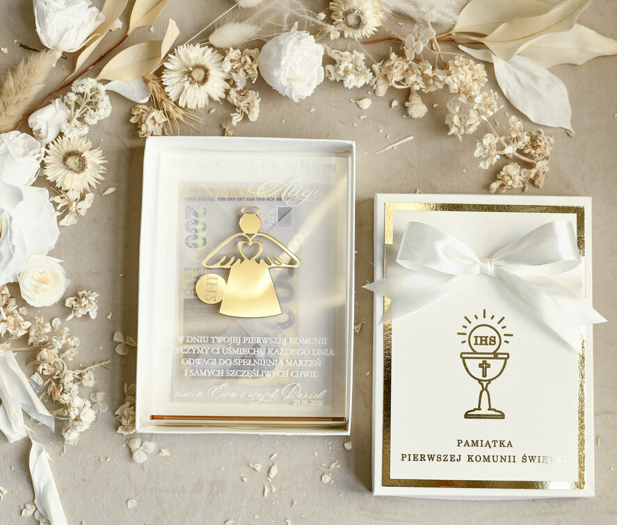 Pamiątki Prezenty na komunię  pamiątki na komunie  Statuetka pamiątka Pierwszej Komunii w pudełku, personalizowana Pamiątka Komunijna opakowanie na pieniądze1