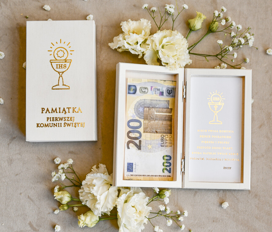 Pamiątki Prezenty na komunię  pamiątki na komunie  białe pudełko pamiątka I Komunii  pudełko na pieniądze na Komunię z życzeniami, pudełeczko na pieniądze z dedykacją na I Komunię5