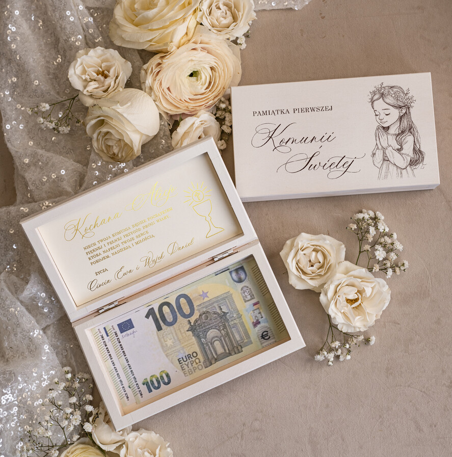 Pamiątki Prezenty na komunię  pamiątki na komunie  pamiątka Pierwszej Komunii Świętej pudełko na pieniądze na Komunię z życzeniami, kasetka na pieniądze z dedykacją na Komunię Świętą0