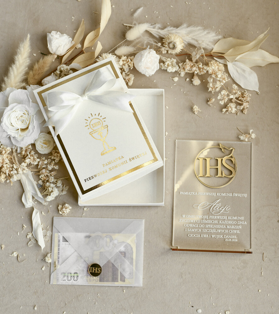 Pamiątki Prezenty na komunię  pamiątki na komunie  Statuetka pamiątka Pierwszej Komunii w pudełku, personalizowana Pamiątka Komunijna opakowanie na pieniądze0
