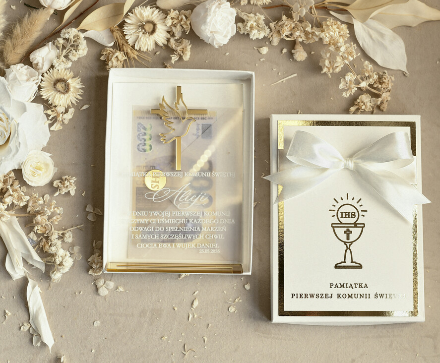 Pamiątki Prezenty na komunię  pamiątki na komunie  Statuetka pamiątka Pierwszej Komunii w pudełku, personalizowana Pamiątka Komunijna opakowanie na pieniądze3