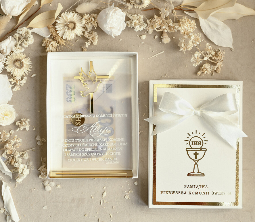 Pamiątki Prezenty na komunię  pamiątki na komunie  Statuetka pamiątka Pierwszej Komunii w pudełku, personalizowana Pamiątka Komunijna opakowanie na pieniądze4