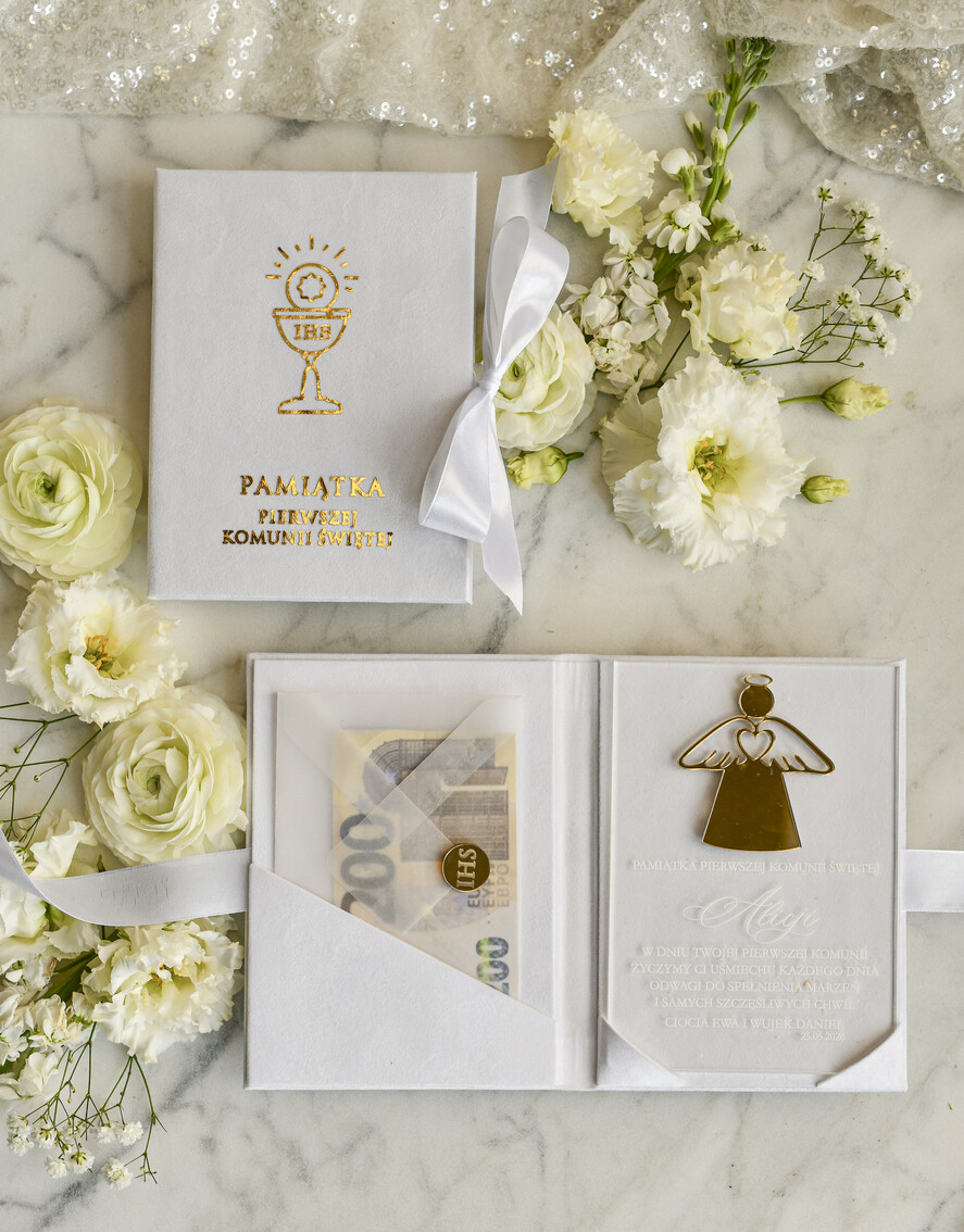 Pamiątki Prezenty na komunię  pamiątki na komunie  Statuetka pamiątka Pierwszej Komunii w pudełku, personalizowana Pamiątka Komunijna opakowanie na pieniądze3