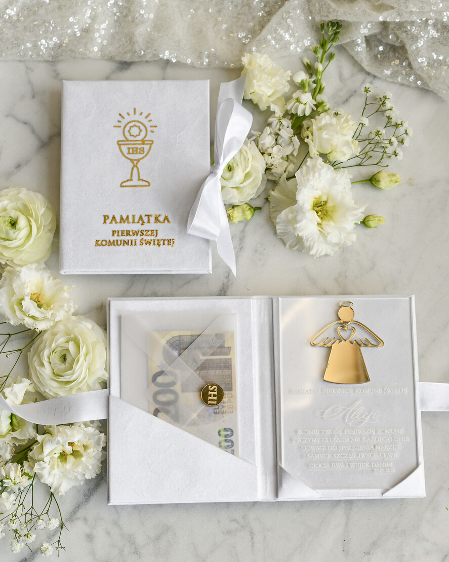 Pamiątki Prezenty na komunię  pamiątki na komunie  Statuetka pamiątka Pierwszej Komunii w pudełku, personalizowana Pamiątka Komunijna opakowanie na pieniądze0