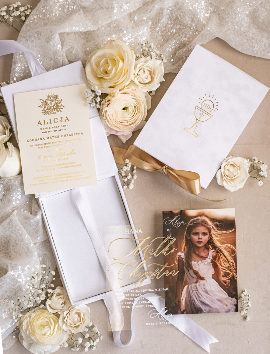 Pamiątki Prezenty na komunię  zaproszenia i podziękowania dla najbliższych  eleganckie zaproszenia na Pierwszą komunię dla Matki Chrzestnej, wyjątkowe zaproszenia na komunię dla chrzestnych, zaproszenia komunijne w pudełku12