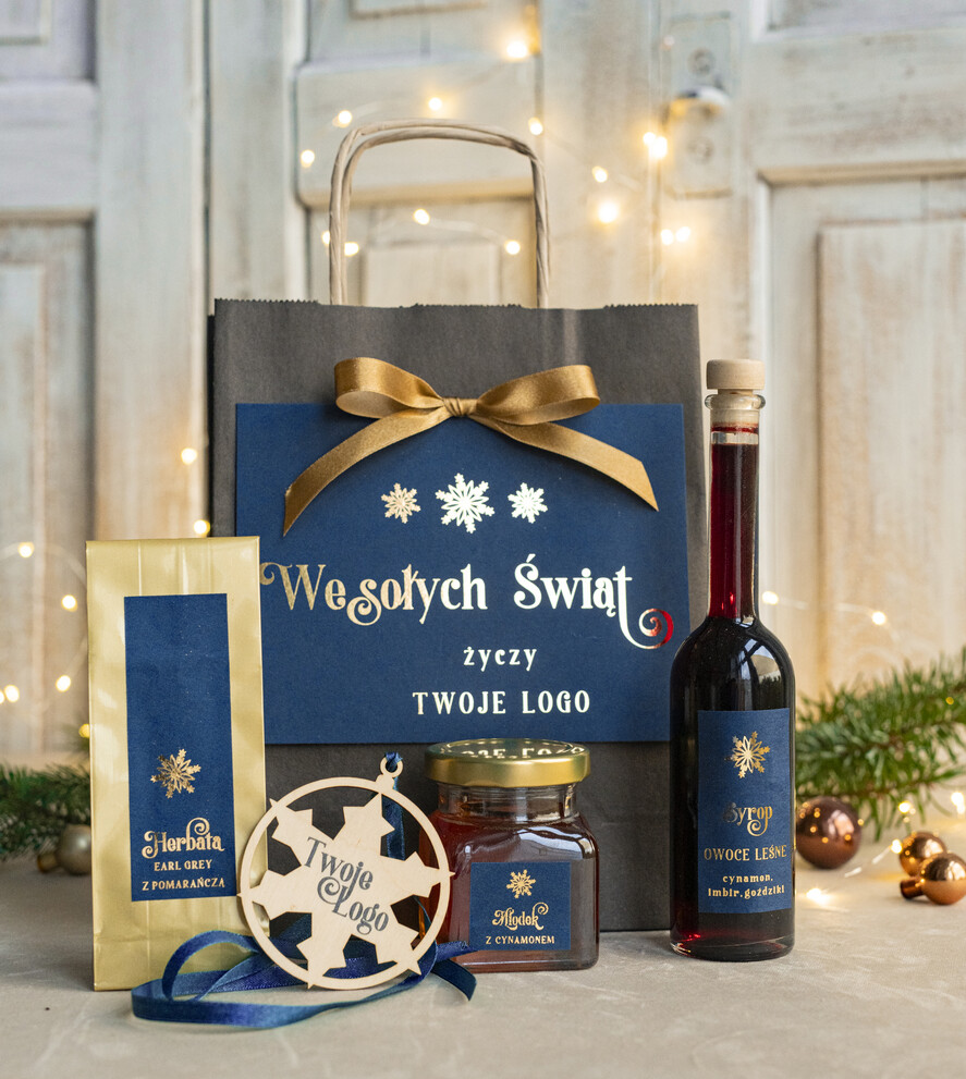 Prezenty oferta dla Firm mini zestawy  upominki świąteczne dla klientów z logo firmy Małe boxy prezentowe zestawy z kawą i herbatą miody 1