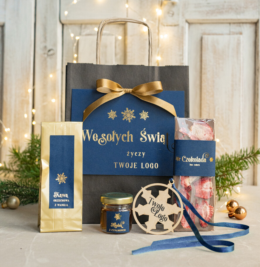 Prezenty oferta dla Firm mini zestawy  upominki świąteczne dla klientów z logo firmy Małe boxy prezentowe zestawy z kawą i herbatą miody 0