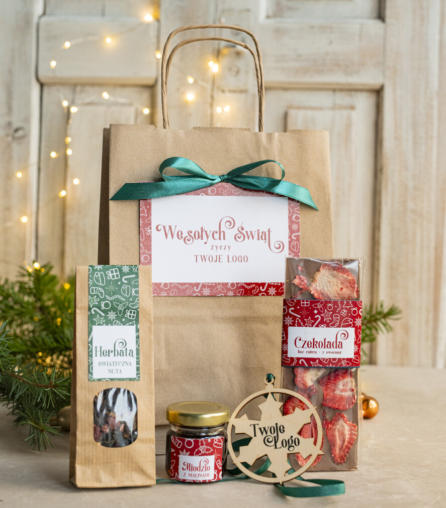 Prezenty oferta dla Firm mini zestawy  upominki świąteczne dla klientów z logo firmy Małe boxy prezentowe zestawy z kawą i herbatą miody 3