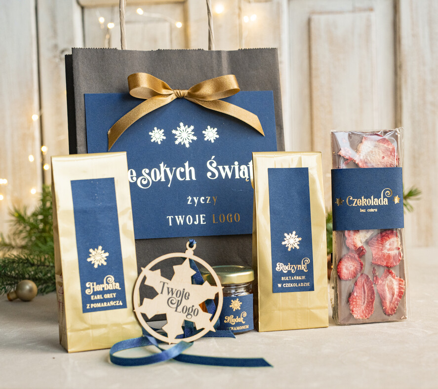Prezenty oferta dla Firm mini zestawy  upominki świąteczne dla klientów z logo firmy Małe boxy prezentowe zestawy z kawą i herbatą miody 1