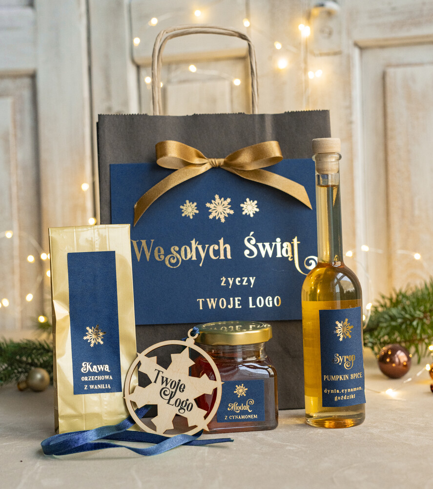 Prezenty oferta dla Firm mini zestawy  upominki świąteczne dla klientów z logo firmy Małe boxy prezentowe zestawy z kawą i herbatą miody 0