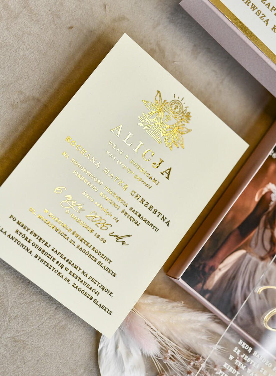 Zaproszenia na Komunię  Dla Chrzestnych i Dziadków Różowo Złote Zaproszenia na Komunię w Pudełku ze zdjęciem Zaproszenie Komunijne dla Matki Chrzestnej i Ojca Chrzestnego  lub dla Babci i Dziadka1