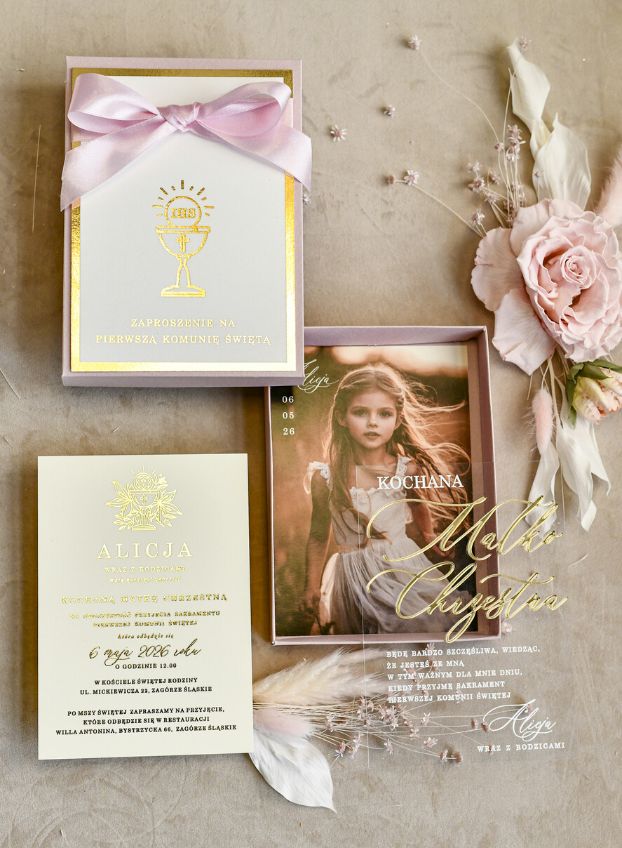 Zaproszenia na Komunię  Dla Chrzestnych i Dziadków Różowo Złote Zaproszenia na Komunię w Pudełku ze zdjęciem Zaproszenie Komunijne dla Matki Chrzestnej i Ojca Chrzestnego  lub dla Babci i Dziadka4