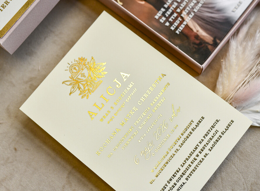 Zaproszenia na Komunię  Dla Chrzestnych i Dziadków Różowo Złote Zaproszenia na Komunię w Pudełku ze zdjęciem Zaproszenie Komunijne dla Matki Chrzestnej i Ojca Chrzestnego  lub dla Babci i Dziadka6