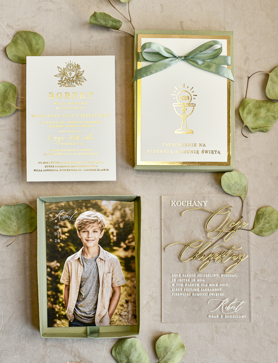Zaproszenia na Komunię  Dla Chrzestnych i Dziadków Sałwiowe Zaproszenia na Komunię w Pudełku ze zdjęciem Zaproszenie Komunijne dla Matki Chrzestnej i Ojca Chrzestnego  lub dla Babci i Dziadka4