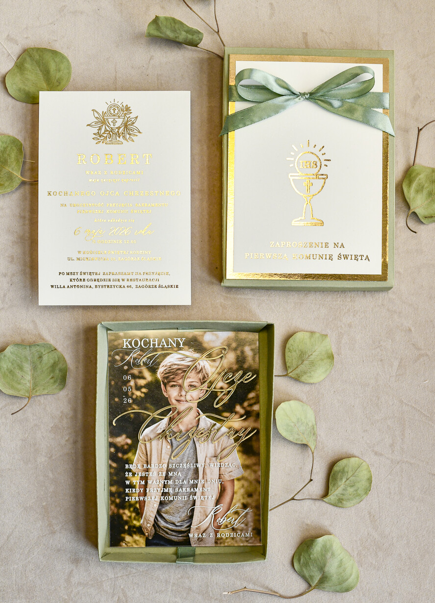 Zaproszenia na Komunię  Dla Chrzestnych i Dziadków Sałwiowe Zaproszenia na Komunię w Pudełku ze zdjęciem Zaproszenie Komunijne dla Matki Chrzestnej i Ojca Chrzestnego  lub dla Babci i Dziadka5