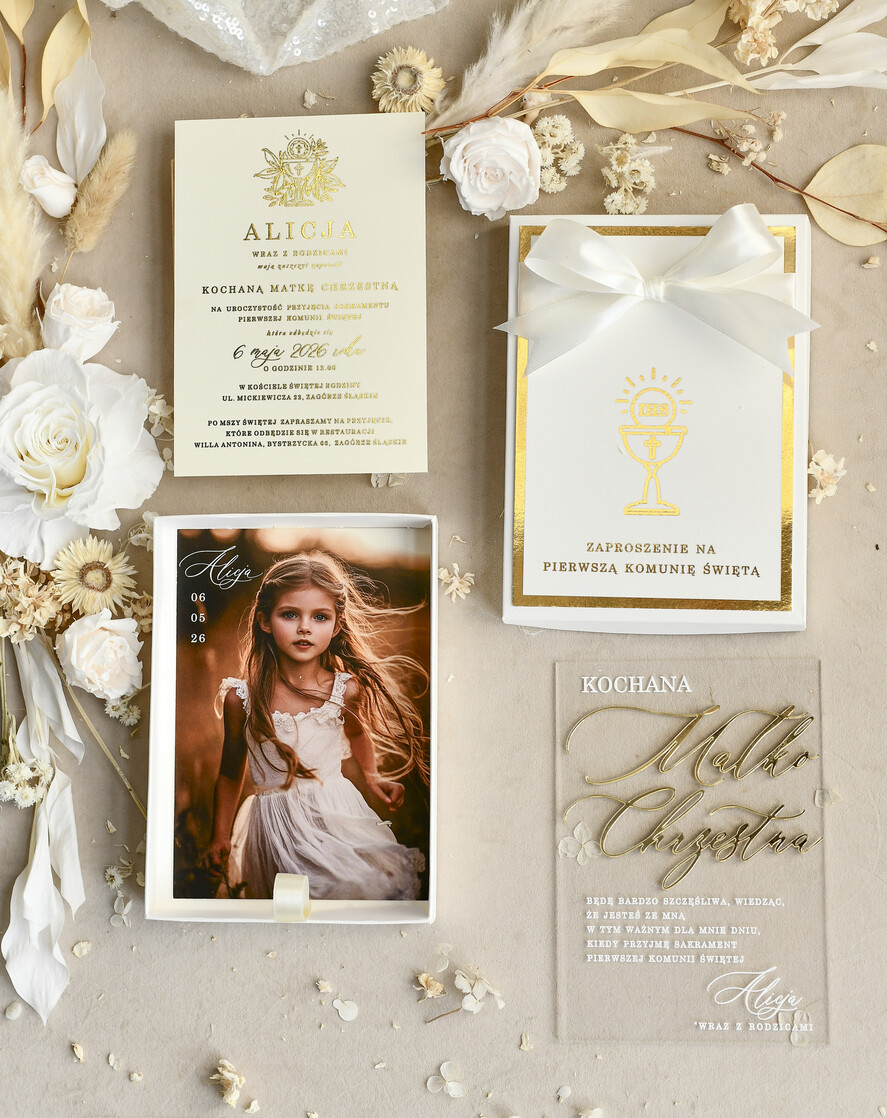 Zaproszenia na Komunię  Dla Chrzestnych i Dziadków klasyczne Złote Zaproszenia na Komunię w Pudełku ze zdjęciem Zaproszenie Komunijne dla Matki Chrzestnej i Ojca Chrzestnego lub dla Babci i Dziadka1