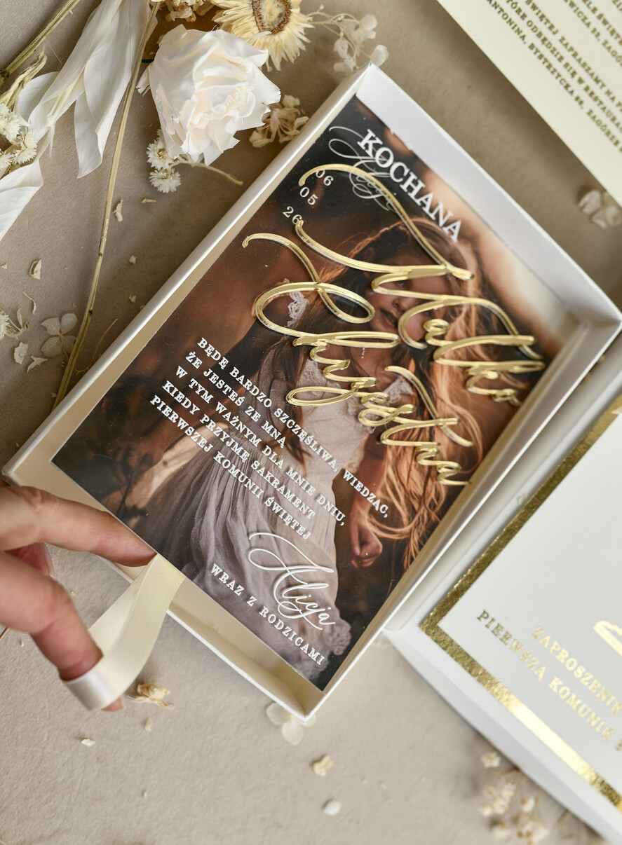 Zaproszenia na Komunię  Dla Chrzestnych i Dziadków klasyczne Złote Zaproszenia na Komunię w Pudełku ze zdjęciem Zaproszenie Komunijne dla Matki Chrzestnej i Ojca Chrzestnego lub dla Babci i Dziadka5