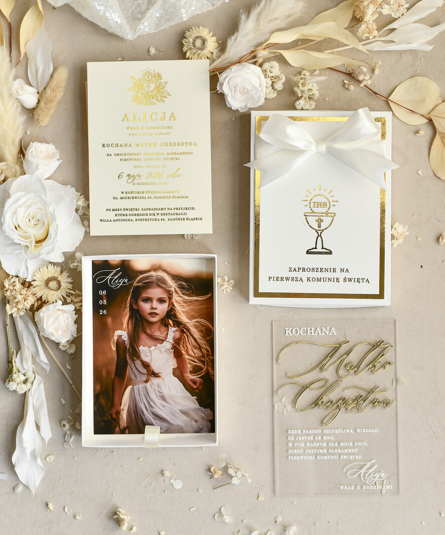 Zaproszenia na Komunię  Dla Chrzestnych i Dziadków klasyczne Złote Zaproszenia na Komunię w Pudełku ze zdjęciem Zaproszenie Komunijne dla Matki Chrzestnej i Ojca Chrzestnego lub dla Babci i Dziadka0