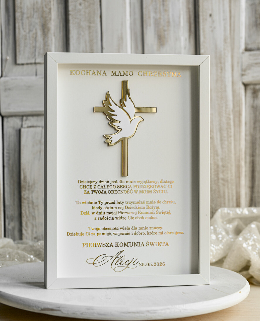 podziękowania dla najbliższych  Podziękowania w Ramie podziękowanie dla Matki Chrzestnej na Komunię, Komunijne podziękowania dla Matki i Ojca Chrzestnego w białej ramie 0