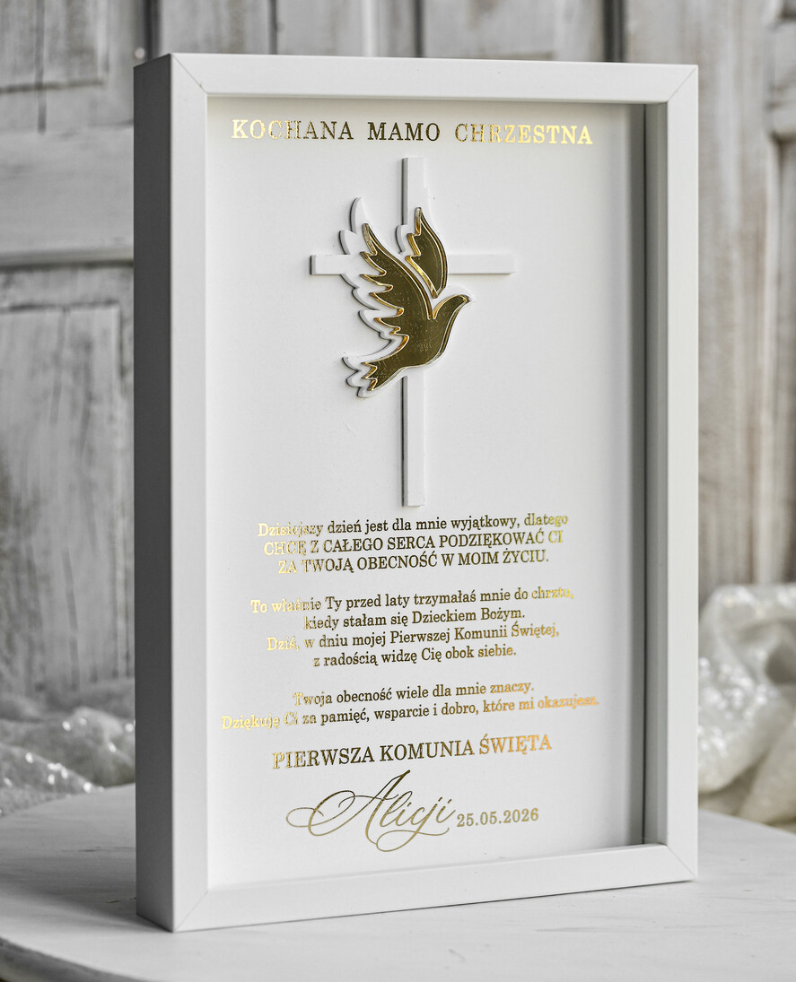 podziękowania dla najbliższych  Podziękowania w Ramie podziękowanie dla Matki Chrzestnej na Komunię, Komunijne podziękowania dla Matki i Ojca Chrzestnego w białej ramie 1