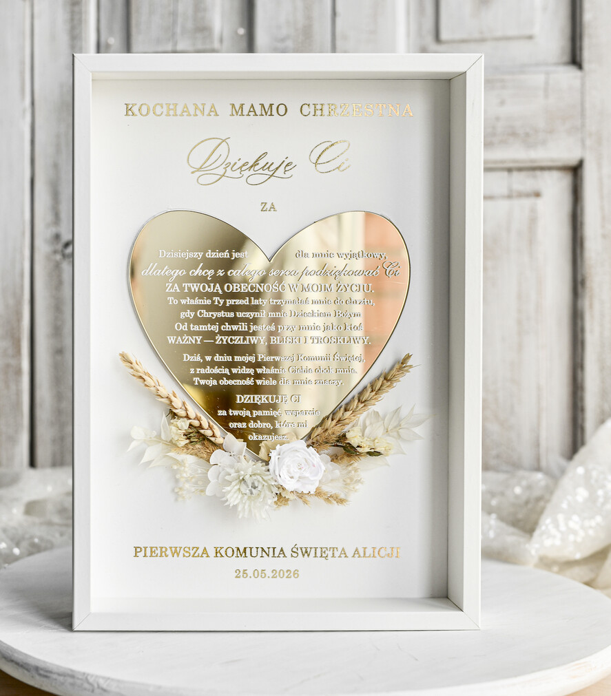podziękowania dla najbliższych  Podziękowania w Ramie Komunijne podziękowanie dla Matki i Ojca Chrzestnego Rama i kwiaty , Flowerbox Serce podziękowania dla chrzestnych na Komunię0