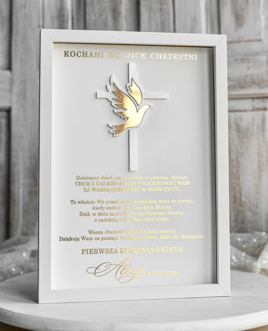 podziękowania dla najbliższych  Podziękowania w Ramie podziękowanie dla rodziców Chrzestnych na Komunię, Komunijne podziękowania dla Matki i Ojca Chrzestnego w białej ramie 4