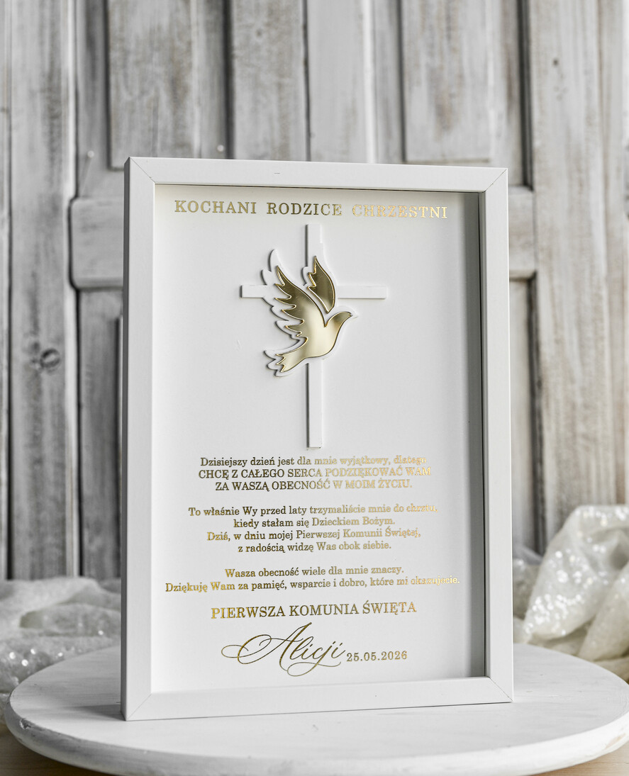 podziękowania dla najbliższych  Podziękowania w Ramie podziękowanie dla rodziców Chrzestnych na Komunię, Komunijne podziękowania dla Matki i Ojca Chrzestnego w białej ramie 5