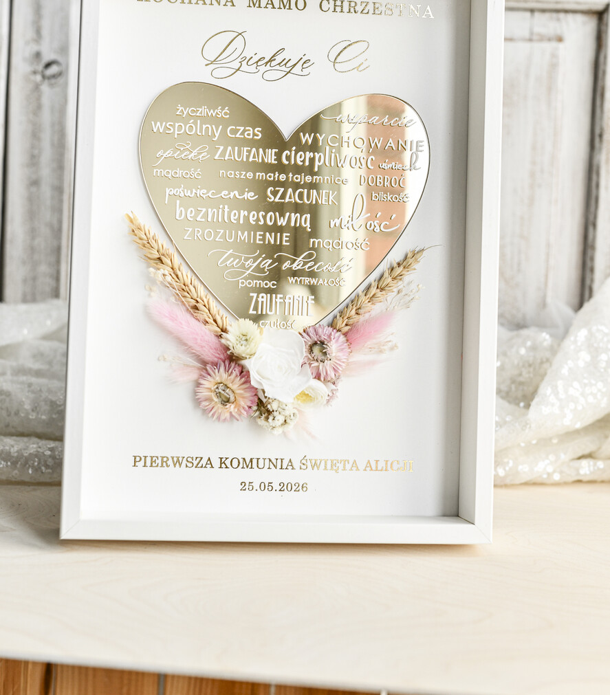 podziękowania dla najbliższych  Podziękowania w Ramie podziękowanie dla Matki Chrzestnej na Komunię, Komunijne podziękowania dla Matki i Ojca Chrzestnego Rama i kwiaty , Flowerbox Serce 1