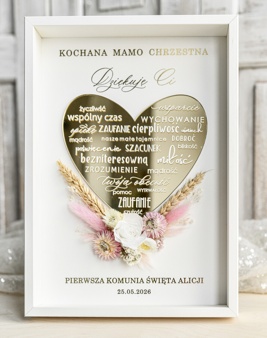 podziękowania dla najbliższych  Podziękowania w Ramie podziękowanie dla Matki Chrzestnej na Komunię, Komunijne podziękowania dla Matki i Ojca Chrzestnego Rama i kwiaty , Flowerbox Serce 2