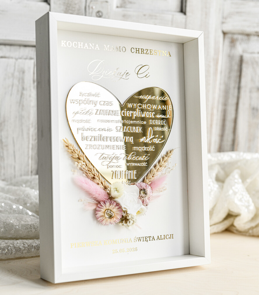 podziękowania dla najbliższych  Podziękowania w Ramie podziękowanie dla Matki Chrzestnej na Komunię, Komunijne podziękowania dla Matki i Ojca Chrzestnego Rama i kwiaty , Flowerbox Serce 4