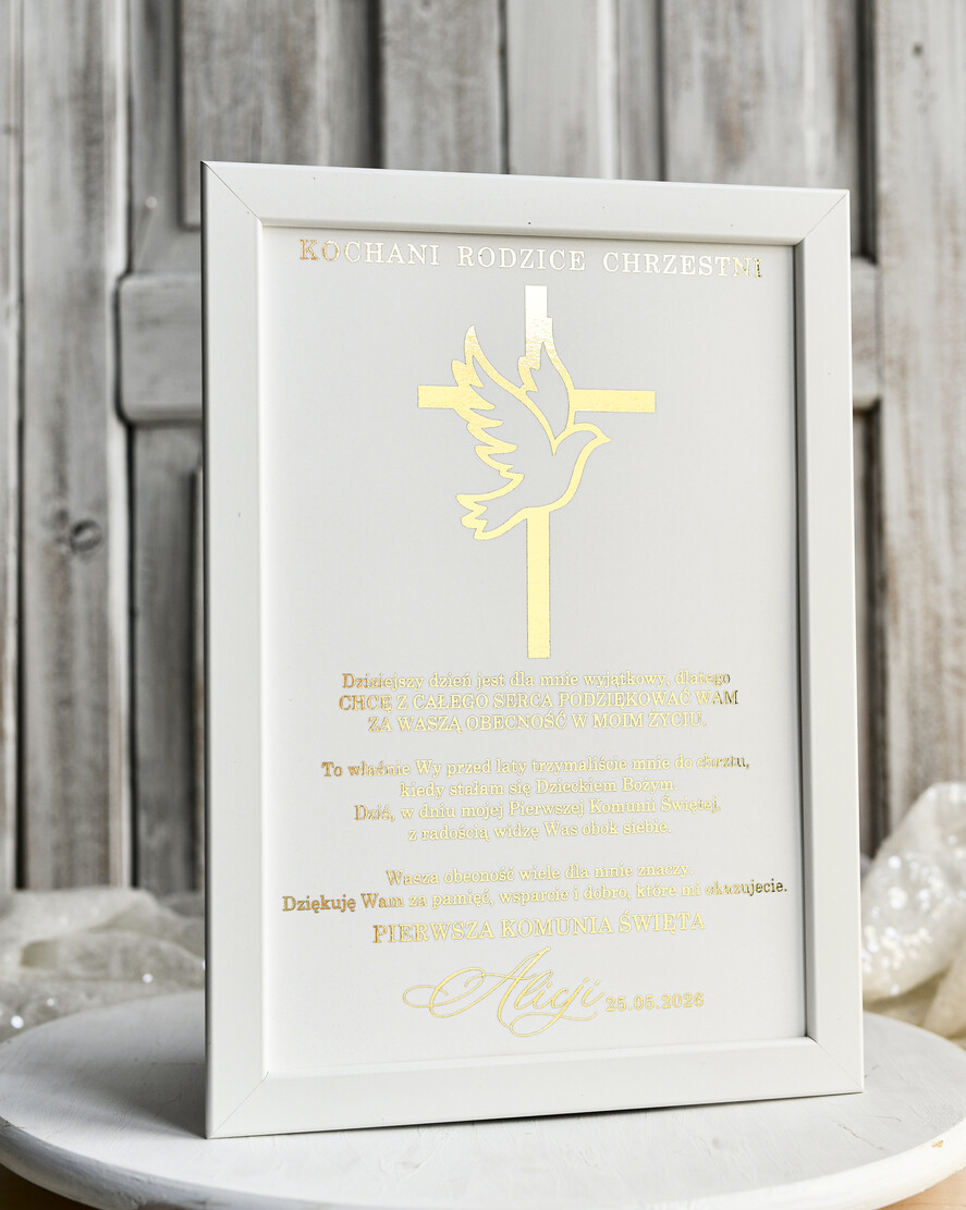podziękowania dla najbliższych  Podziękowania w Ramie podziękowanie dla rodziców Chrzestnych na Komunię, Komunijne podziękowania dla Matki i Ojca Chrzestnego w białej ramie 1