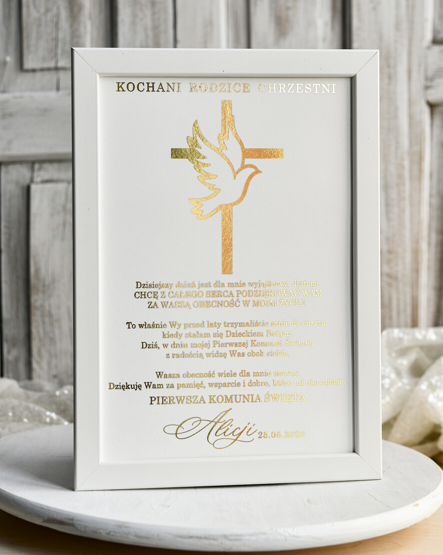 podziękowania dla najbliższych  Podziękowania w Ramie podziękowanie dla rodziców Chrzestnych na Komunię, Komunijne podziękowania dla Matki i Ojca Chrzestnego w białej ramie 3